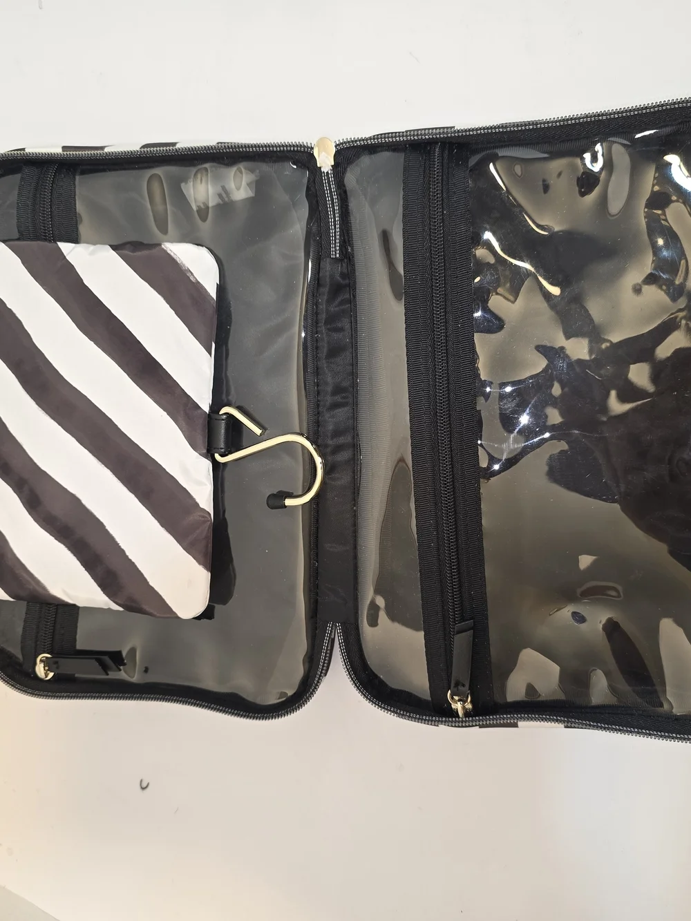 Victoria's Secret Black and White Striped Cosmetic Case with Gold Logo